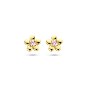 oorknoppen bloem roze zirkonia 14K geelgoud