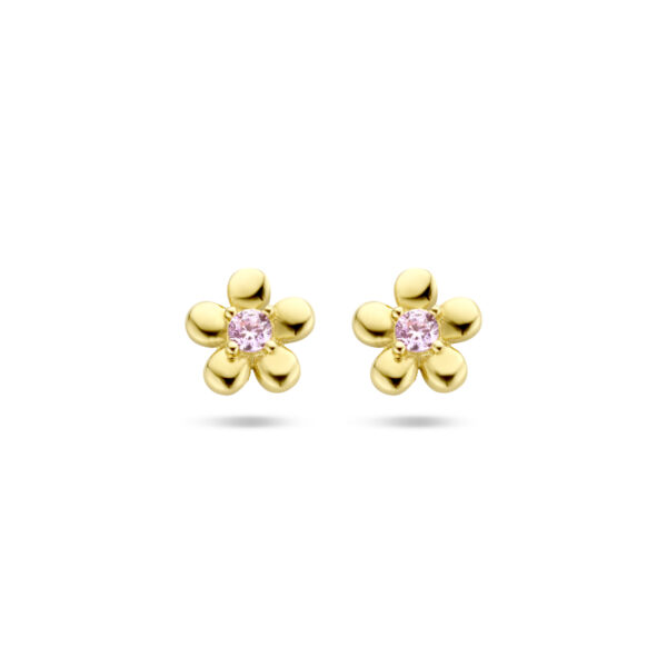 oorknoppen bloem roze zirkonia 14K geelgoud