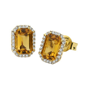 oorknoppen citrien en diamant 0.14ct (2x0.07) h si 14K geelgoud