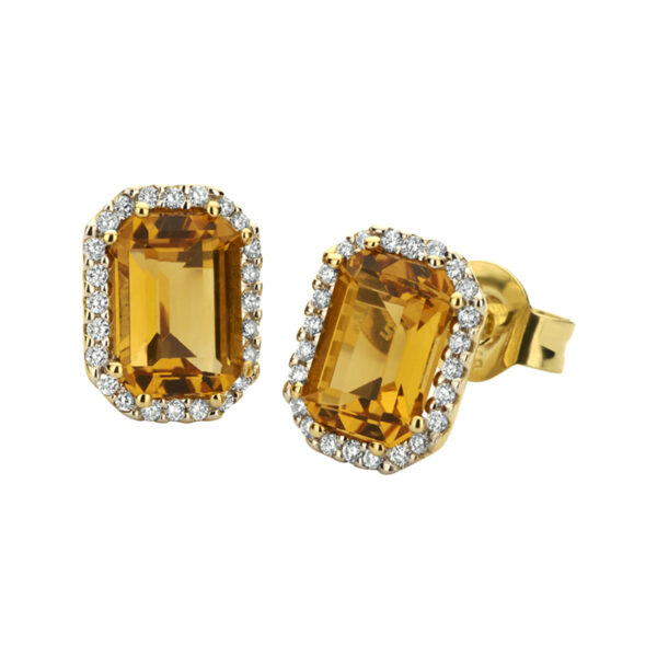 oorknoppen citrien en diamant 0.14ct (2x0.07) h si 14K geelgoud
