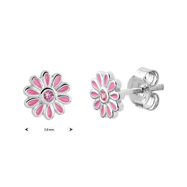 oorknoppen emaille bloem roze zirkonia zilver gerhodineerd - Afbeelding 2