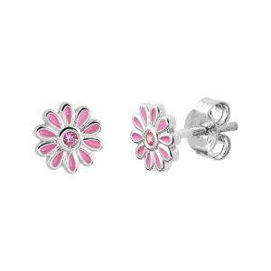 oorknoppen emaille bloem roze zirkonia zilver gerhodineerd