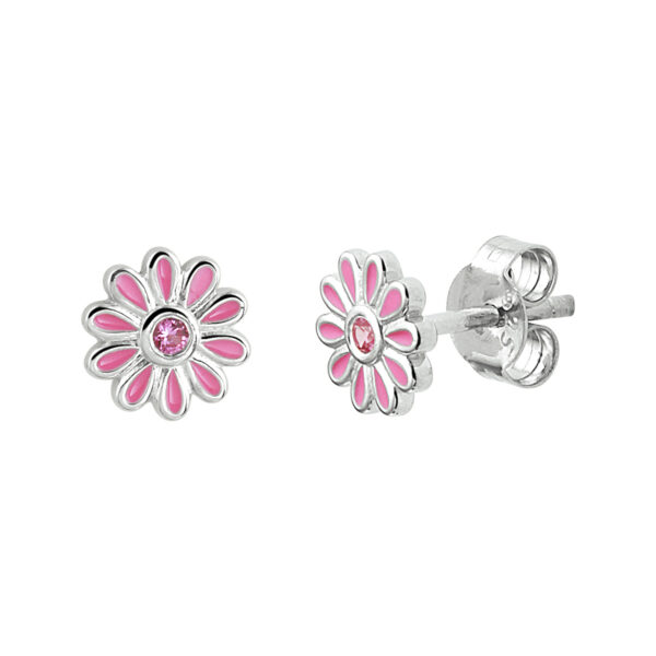 oorknoppen emaille bloem roze zirkonia zilver gerhodineerd