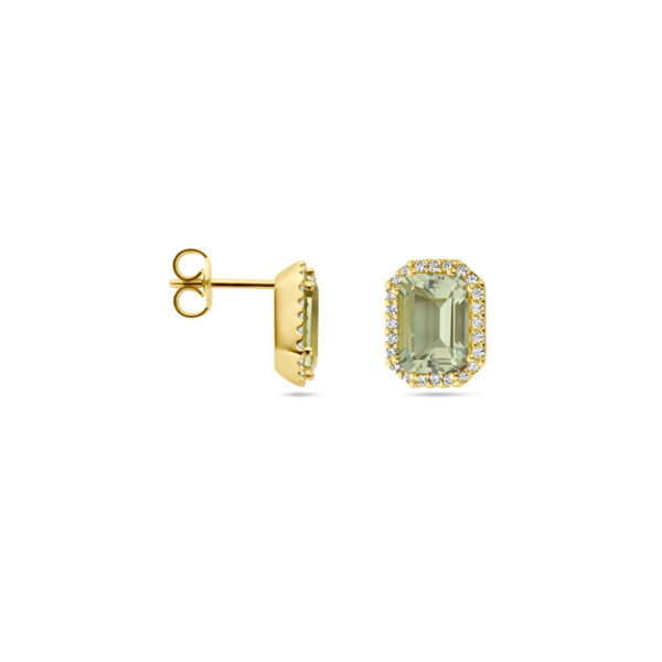 oorknoppen groen amethist en diamant 0.14ct (2x 0.07ct) h si halo 18K geelgoud - Afbeelding 3