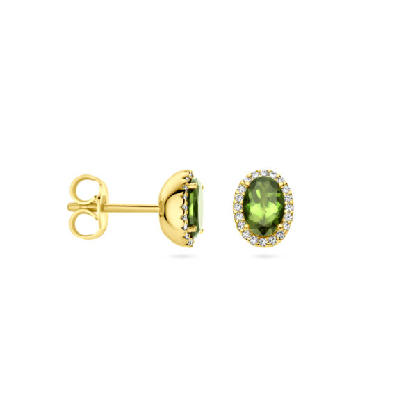 oorknoppen groen toermalijn en diamant 0.12ct (2x 0.06ct) h si halo 14K geelgoud - Afbeelding 3