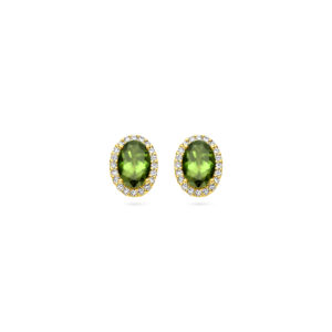 oorknoppen groen toermalijn en diamant 0.12ct (2x 0.06ct) h si halo 14K geelgoud