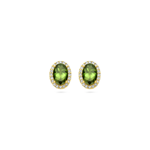 oorknoppen groen toermalijn en diamant 0.12ct (2x 0.06ct) h si halo 14K geelgoud