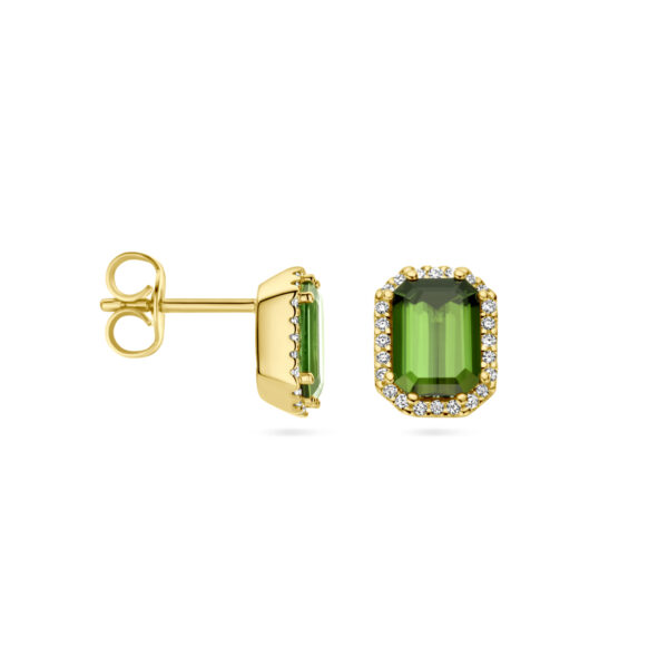 oorknoppen groen toermalijn en diamant 0.14ct (2x 0.07ct) h si halo 14K geelgoud - Afbeelding 3
