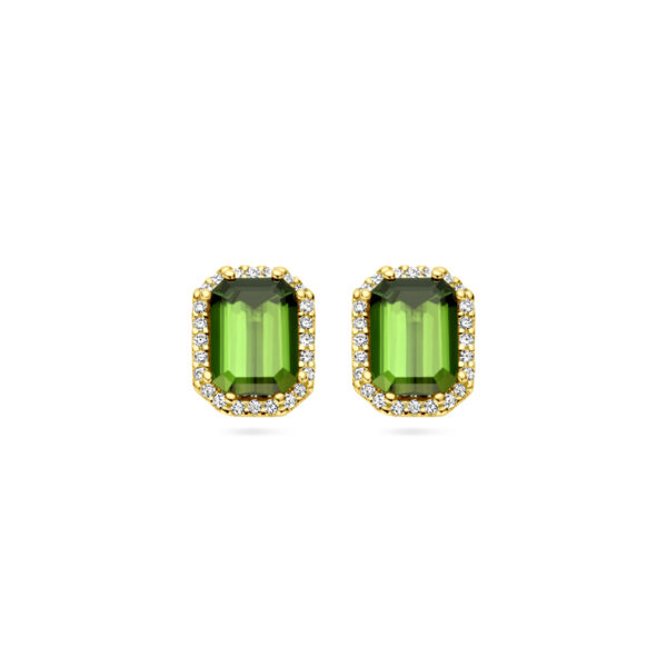 oorknoppen groen toermalijn en diamant 0.14ct (2x 0.07ct) h si halo 14K geelgoud