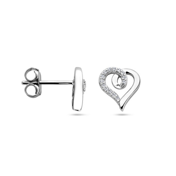 oorknoppen hart en zirkonia zilver gerhodineerd - Afbeelding 3