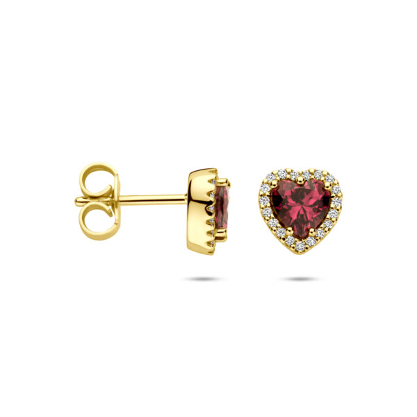oorknoppen hartje roze rhodoliet en diamant 0.10ct (2x 0.05ct) h si 7,5 mm 14K geelgoud - Afbeelding 3
