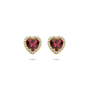 oorknoppen hartje roze rhodoliet en diamant 0.10ct (2x 0.05ct) h si 7,5 mm 14K geelgoud
