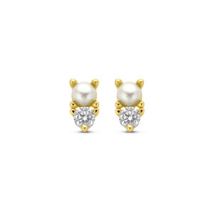 oorknoppen parel en zirkonia 1 micron zilver verguld (geel)