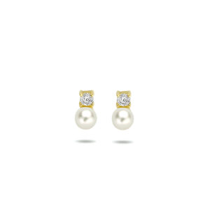 oorknoppen parel en zirkonia 14K geelgoud