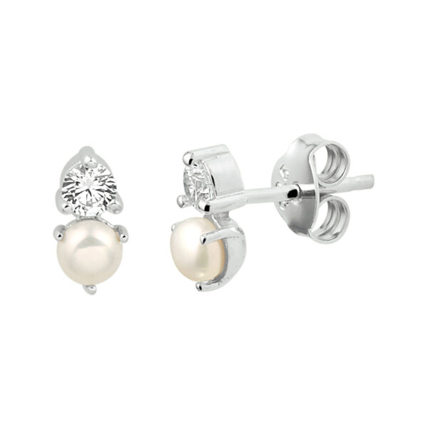 oorknoppen parel en zirkonia zilver gerhodineerd