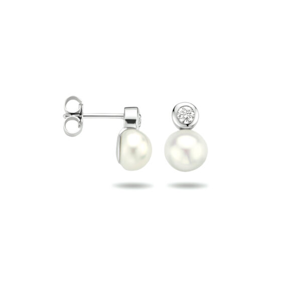 oorknoppen parel en zirkonia zilver gerhodineerd - Afbeelding 3