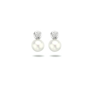 oorknoppen parel en zirkonia zilver gerhodineerd