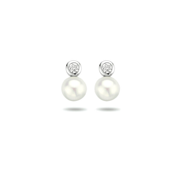 oorknoppen parel en zirkonia zilver gerhodineerd