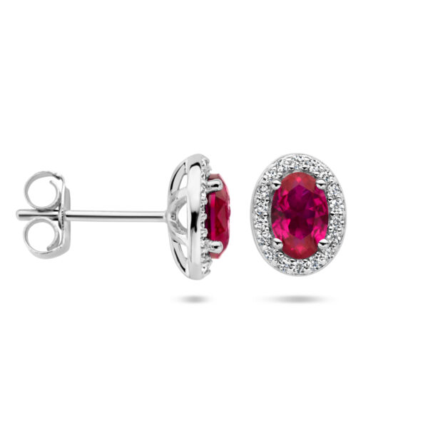 oorknoppen rood en wit zirkonia halo zilver gerhodineerd - Afbeelding 3