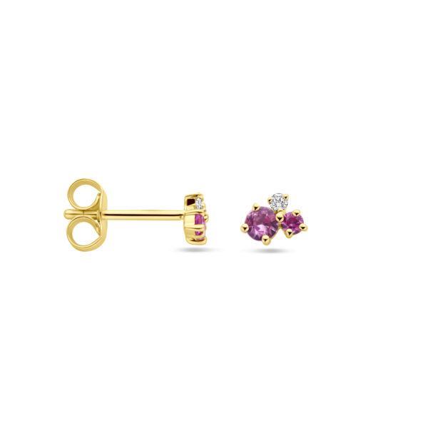 oorknoppen roze saffier en diamant 0.03ct (2x 0.015ct) si 14K geelgoud - Afbeelding 3