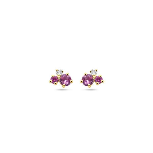 oorknoppen roze saffier en diamant 0.03ct (2x 0.015ct) si 14K geelgoud