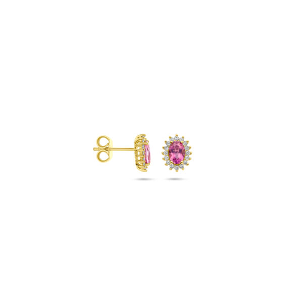 oorknoppen roze topaas en zirkonia 9,5 mm 14K geelgoud - Afbeelding 3