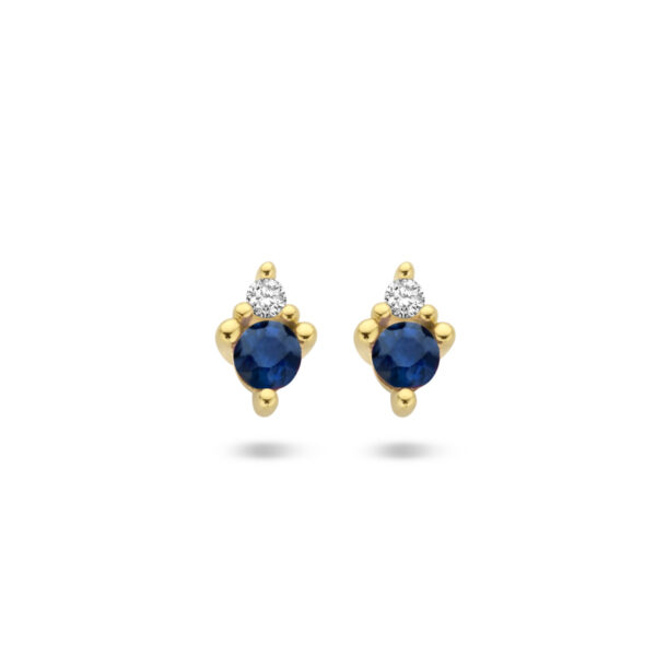 oorknoppen saffier en diamant 0.02ct (2x 0.01ct) h p1 14K geelgoud