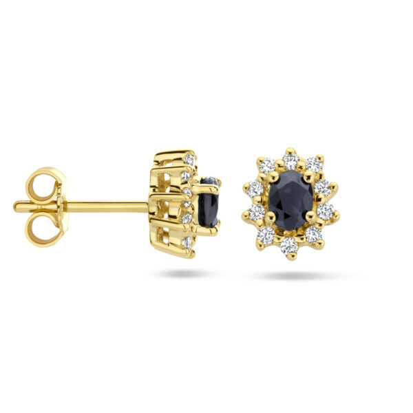 oorknoppen saffier en diamant 0.16 ct halo 14K geelgoud - Afbeelding 3