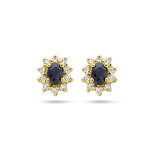 oorknoppen saffier en diamant 0.16 ct halo 14K geelgoud