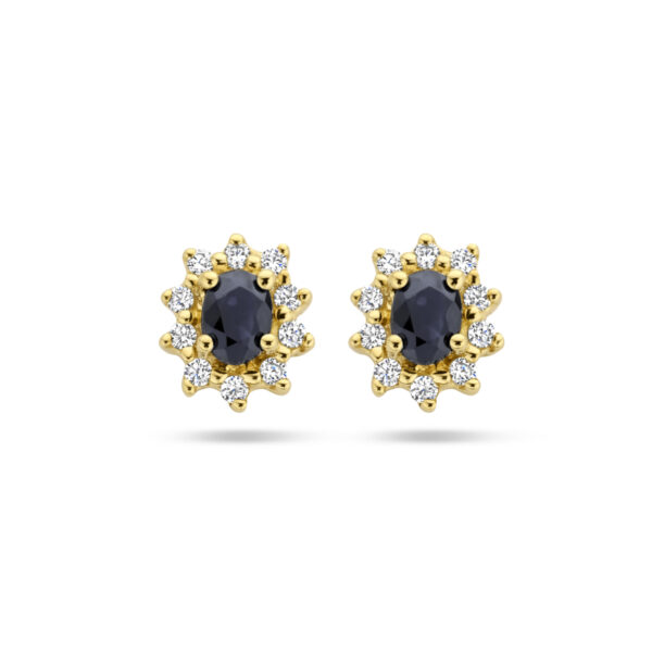 oorknoppen saffier en diamant 0.16 ct halo 14K geelgoud