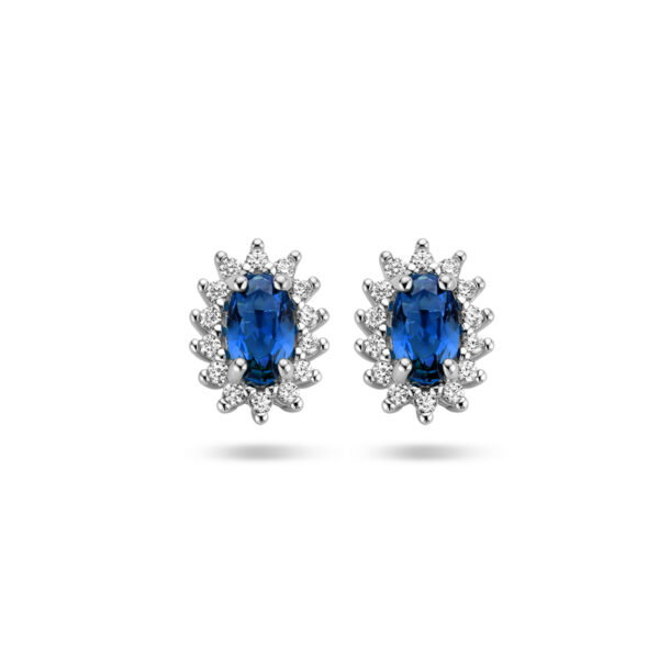 oorknoppen synth. saffier en zirkonia halo zilver gerhodineerd