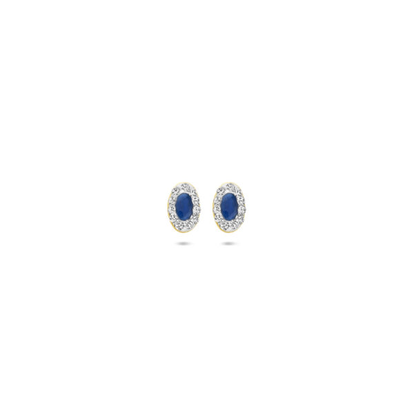 oorknoppen synth. swarovski en saffier 5,5 mm 14K geelgoud