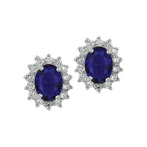 oorknoppen zirkonia en synthetische saffier halo zilver gerhodineerd