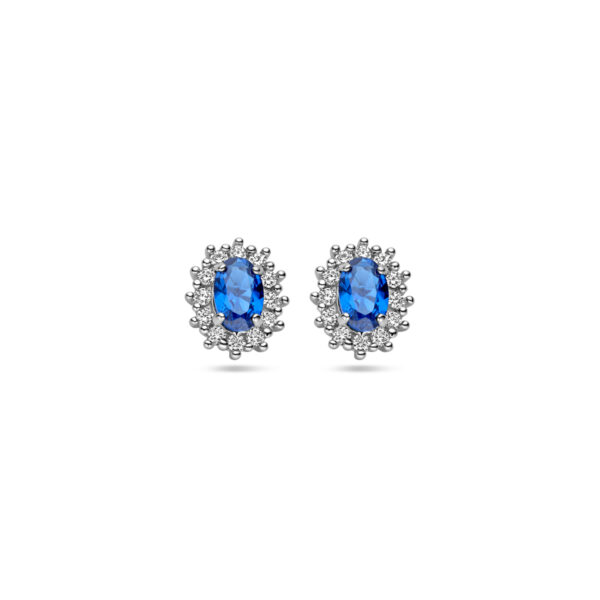 oorknoppen zirkonia en synthetische saffier halo zilver gerhodineerd