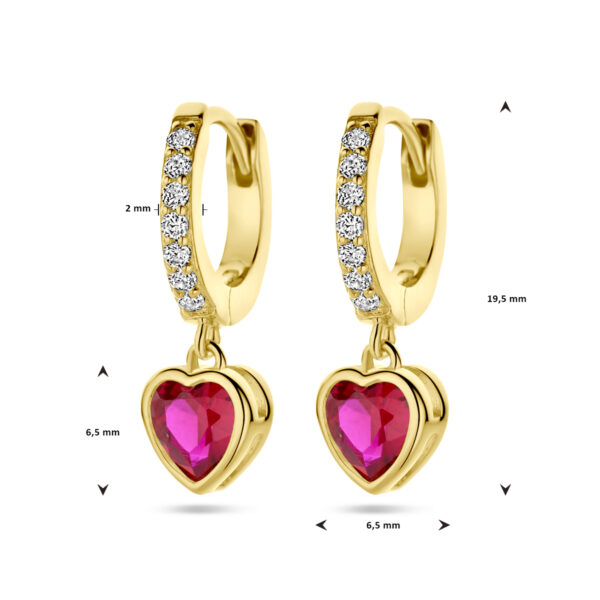 oorringen hart corundumkleurig en wit zirkonia 1 micron zilver verguld (geel) - Afbeelding 4