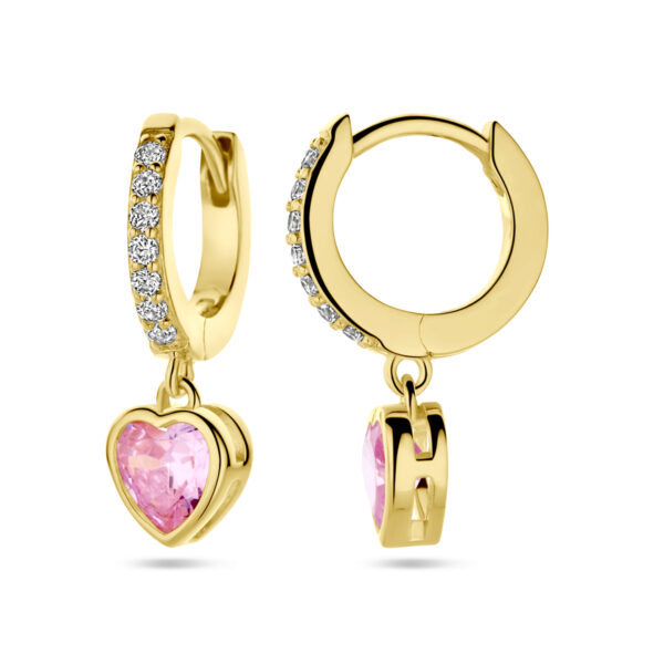 oorringen hart roze en wit zirkonia 1 micron zilver verguld (geel) - Afbeelding 3