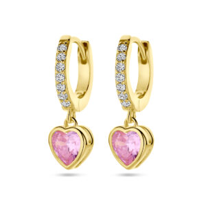 oorringen hart roze en wit zirkonia 1 micron zilver verguld (geel)