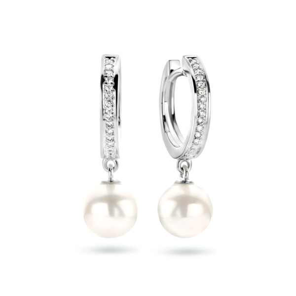 oorringen parel diamant 0.04ct (2x 0.02ct) h si 14K witgoud - Afbeelding 3