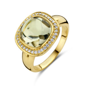 ring groen amethist en diamant 0.20ct h si halo 14K geelgoud