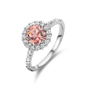 ring morganiet zirkonia en wit zirkonia halo zilver gerhodineerd