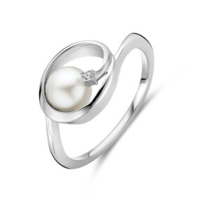 ring ovaal parel en zirkonia 9,5 mm zilver gerhodineerd