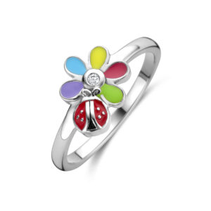 ring zirkonia emaille bloem en lieveheersbeestje zilver gerhodineerd