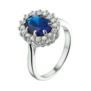 ring zirkonia en synthetische saffier halo zilver gerhodineerd