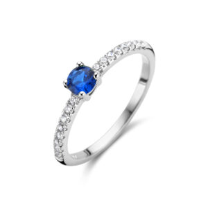 ring blauw en wit zirkonia zilver gerhodineerd