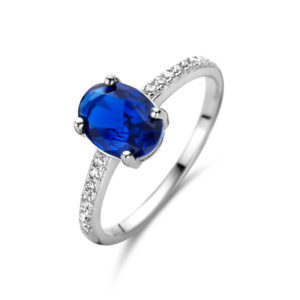ring blauw en wit zirkonia zilver gerhodineerd