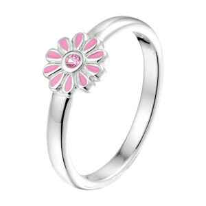 ring emaille bloem roze zirkonia zilver gerhodineerd