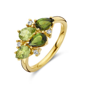 ring groen toermalijn, peridot en diamant 0.06ct h si 14K geelgoud