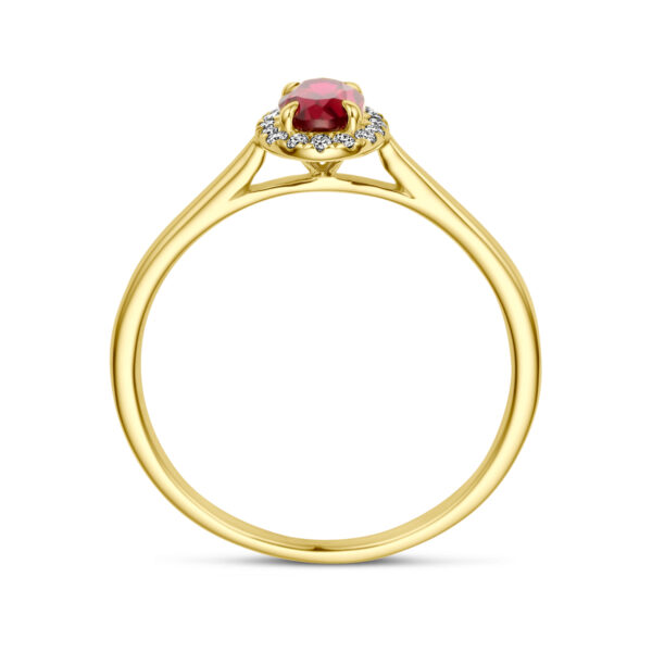 ring lab grown robijn en diamant 0.075ct h si halo 14K geelgoud - Afbeelding 3