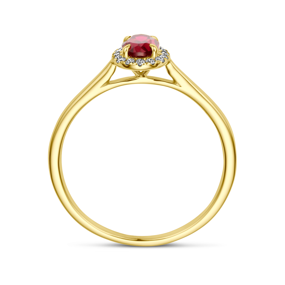 ring lab grown robijn en diamant 0.075ct h si halo 14K geelgoud - Afbeelding 3