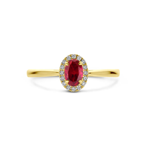 ring lab grown robijn en diamant 0.075ct h si halo 14K geelgoud - Afbeelding 4